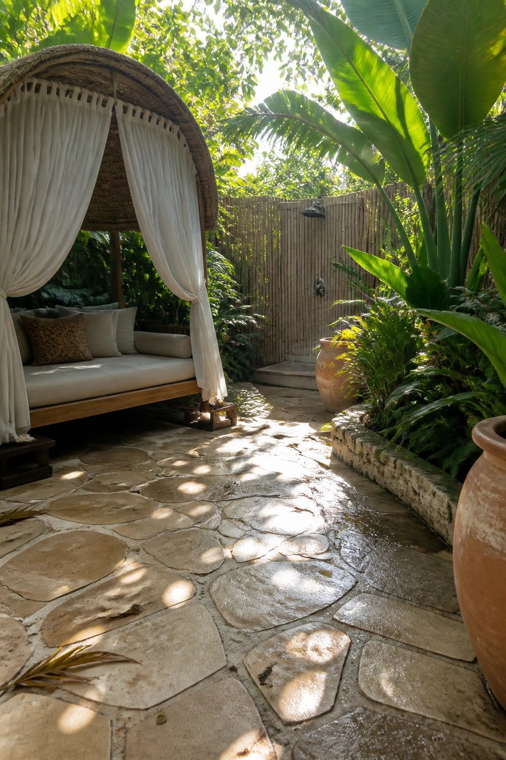 Sunlit stone path winds past curtained thatched daybed, bamboo shower, and terracotta pots amid tropical plants.
