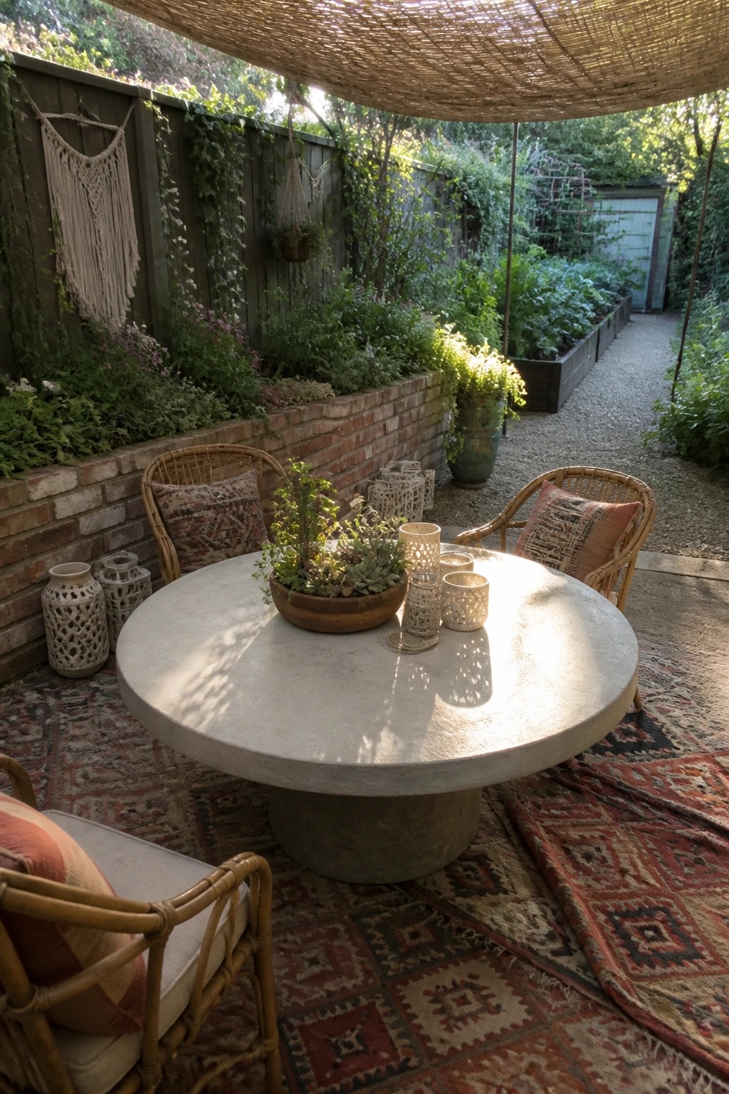 Round concrete patio table surrounded by wicker chairs on layered rugs, with raised brick border beds filled with greenery along the back wall.