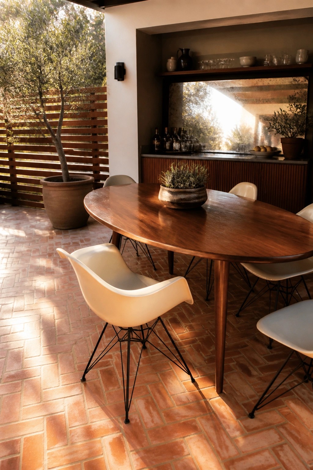 An outdoor covered patio with a large oval wooden dining table, several white molded chairs on a red brick floor, and a built-in counter with open shelves in the background.
