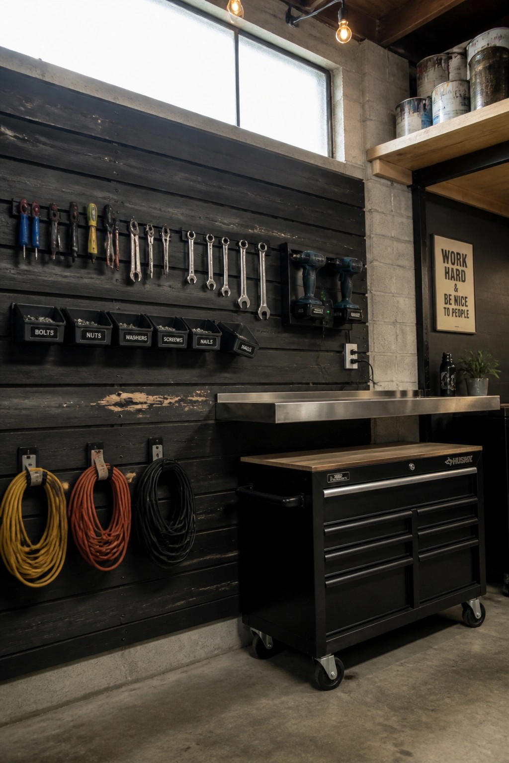 Organized workshop wall with tools, bins, cords, and black rolling tool chest.
