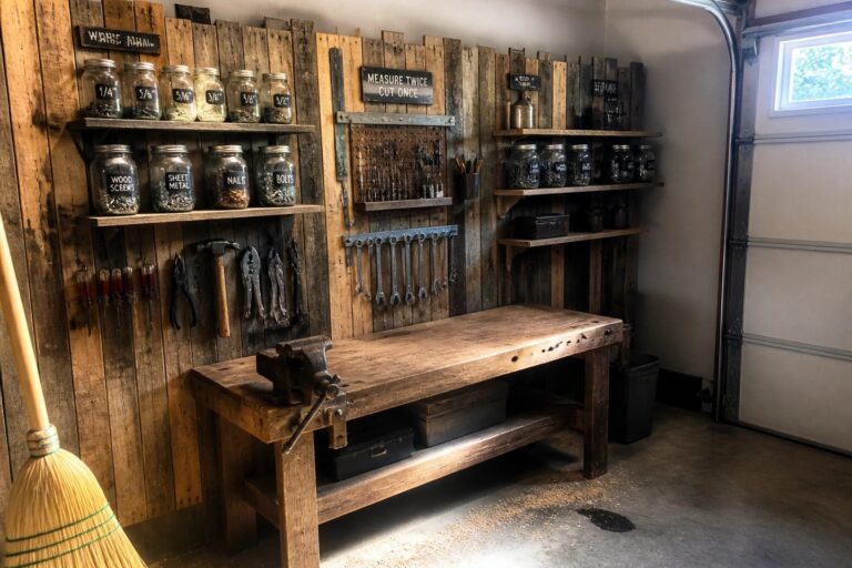21 Organized Pallet Storage Ideas for Garage Tool Walls A wooden workbench in a garage with open shelves holding rows of labeled glass jars filled with hardware and tools hanging on the wall behind.