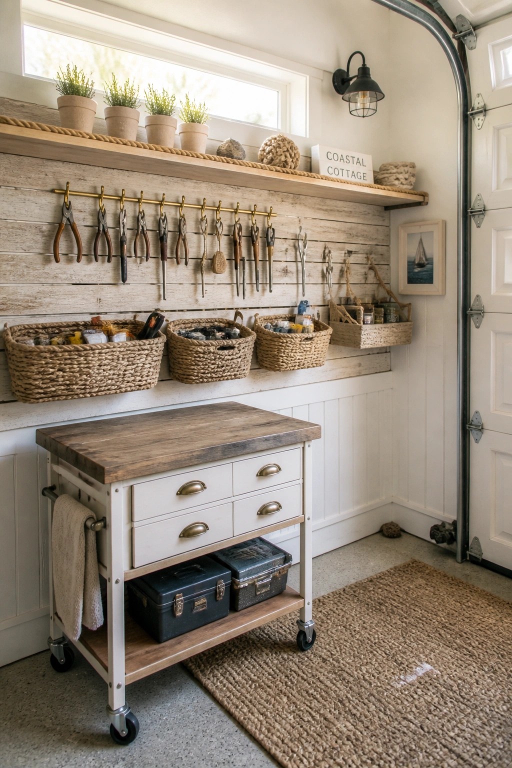 A garage interior with a horizontal wood plank wall, brass hooks holding pliers and tools, woven baskets on a lower ledge, and a rolling workbench in the foreground.