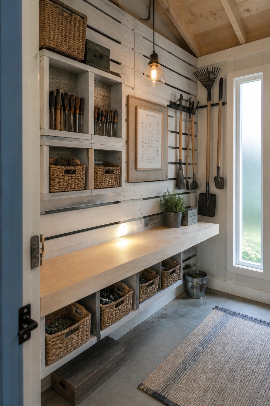 Interior view of a garage with whitewashed pallet wood walls, built-in cubbies holding tools and woven baskets, a long wooden counter, and various long-handled tools hanging on the right wall.