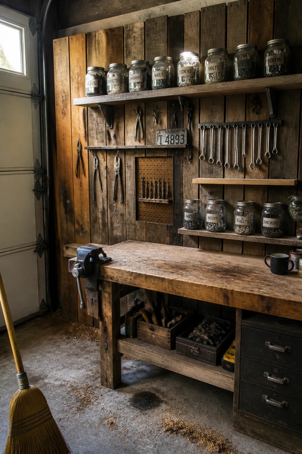 A wooden workbench in a garage with open shelves holding rows of labeled glass jars filled with hardware and tools hanging on the wall behind.