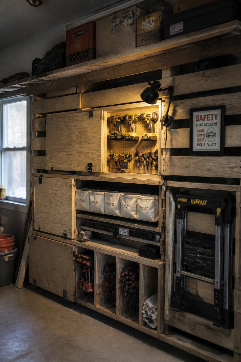 A wooden pallet wall in a garage with open compartments, labeled fabric bins, a pegboard tool display, and a folded ladder on the right.
