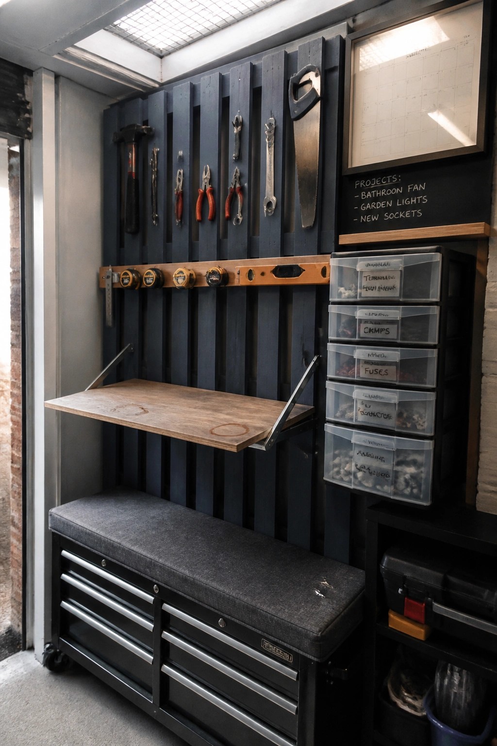 A workshop wall covered in vertical dark blue pallet slats displays hand tools, with a fold-down wooden shelf and clear plastic storage bins mounted to the right.