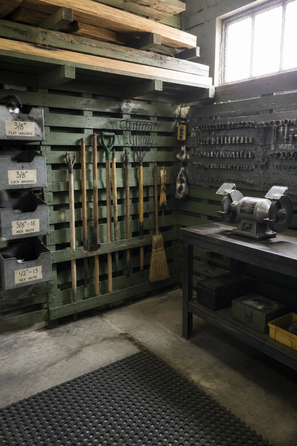 A workshop corner with green painted wooden pallets mounted on the wall, holding long-handled tools, a rake, a broom, and metal bins labeled for washers and hex nuts, next to a metal workbench with a bench grinder.