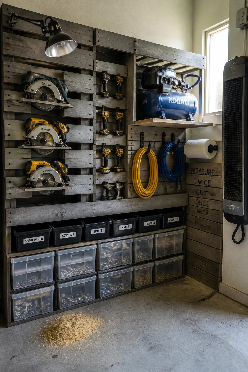 A garage interior wall built from wooden pallets displaying power tools, an air compressor, coiled hoses, and multiple labeled plastic bins for hardware.