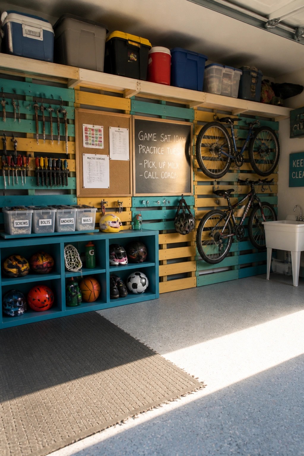 A garage interior with a wall of painted wooden pallets holding tools, bikes, sports equipment, and storage bins.