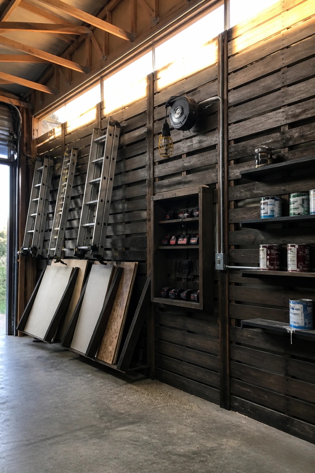Interior of a garage showing vertical wooden pallet walls used to store ladders, power tool batteries, paint cans, and other equipment.