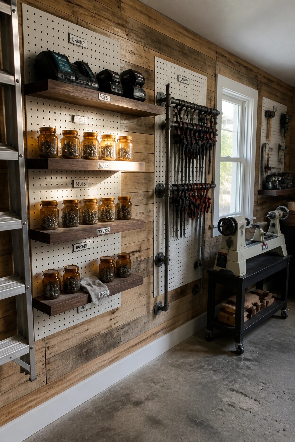 A workshop interior with white pegboards mounted on wood plank walls, holding dark wooden shelves with labeled amber glass jars of screws and bolts, a pipe rack with clamps, and a lathe on a black cart.