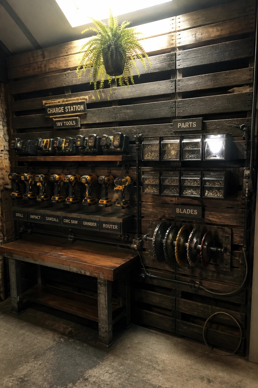 A dark wooden pallet wall in a workshop displays rows of cordless power tools on shelves, labeled sections for different tools, clear bins of hardware, and circular saw blades mounted on pipes.