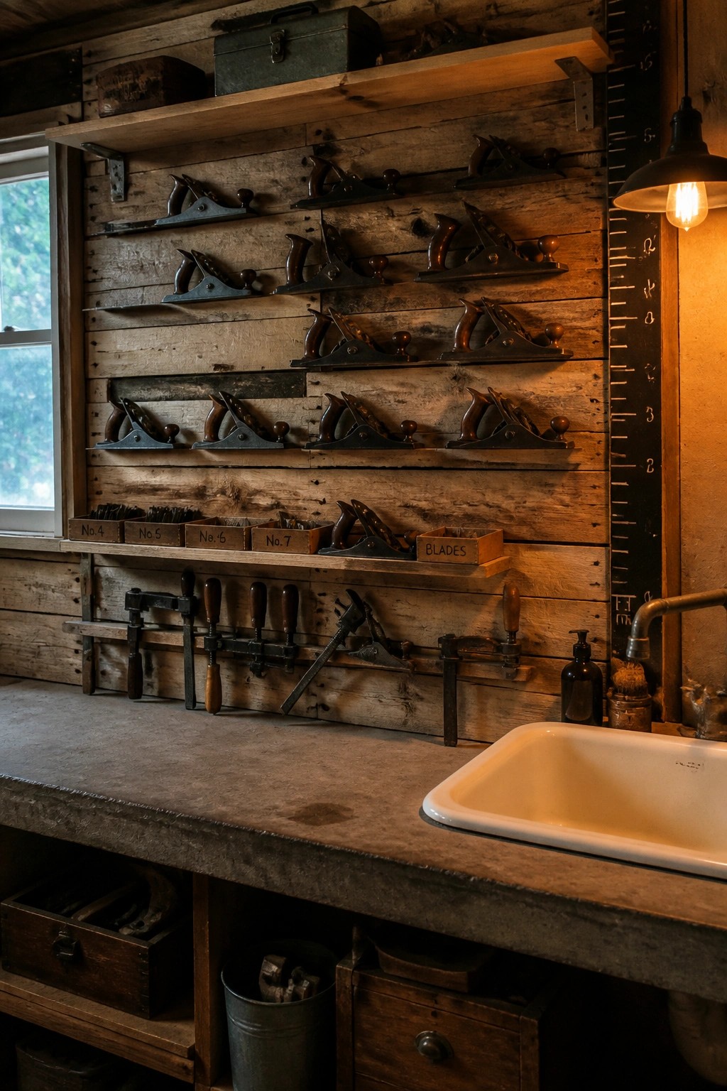 A workshop interior with horizontal wooden plank walls holding multiple shelves of hand planes, labeled wooden boxes, and hanging tools above a concrete workbench and white sink.