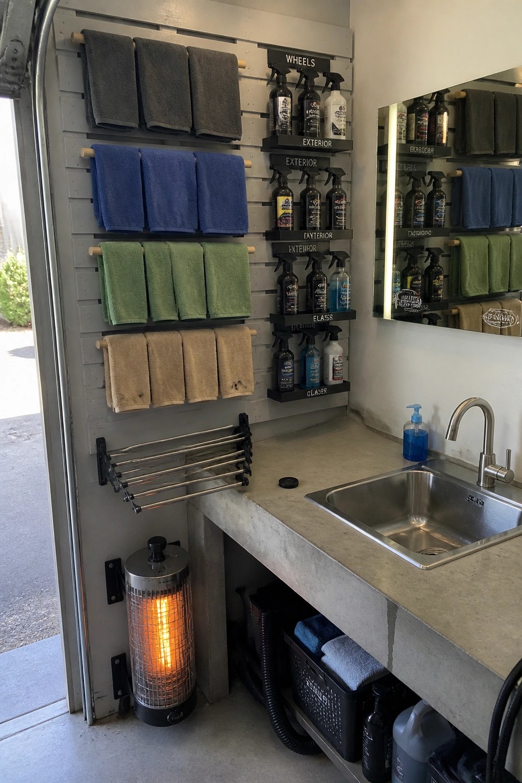A garage interior showing a gray slatted wall with rows of hanging towels and labeled spray bottles above a concrete sink counter.