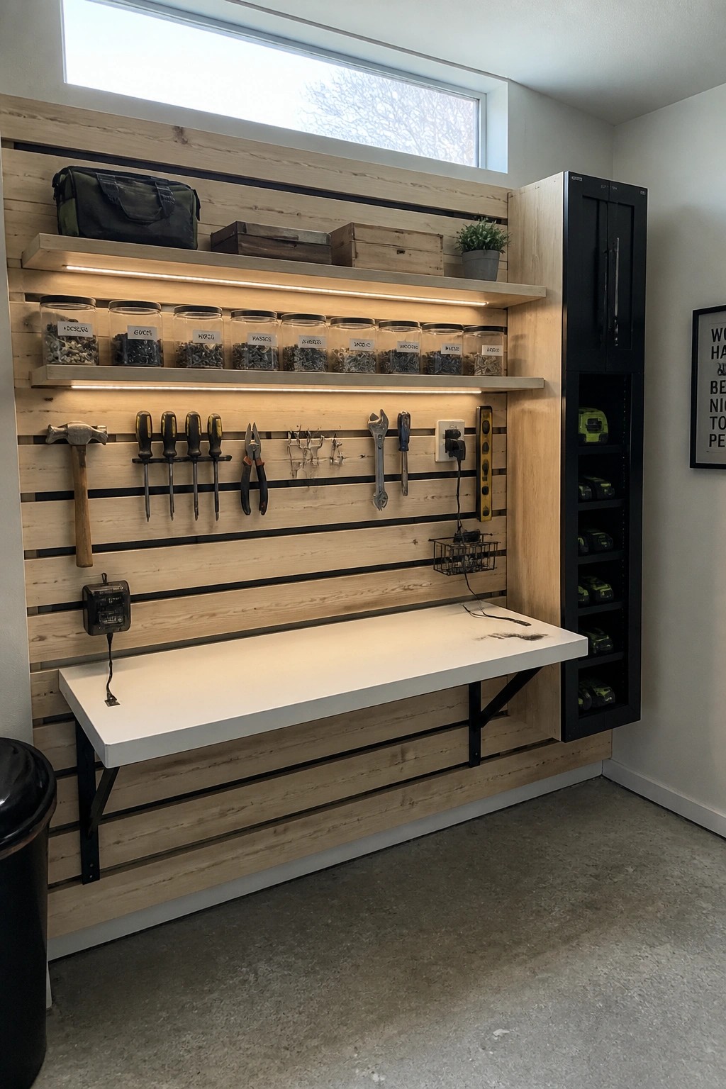 Organized wooden tool wall with hanging tools, hardware jars, white workbench, and black cabinet.