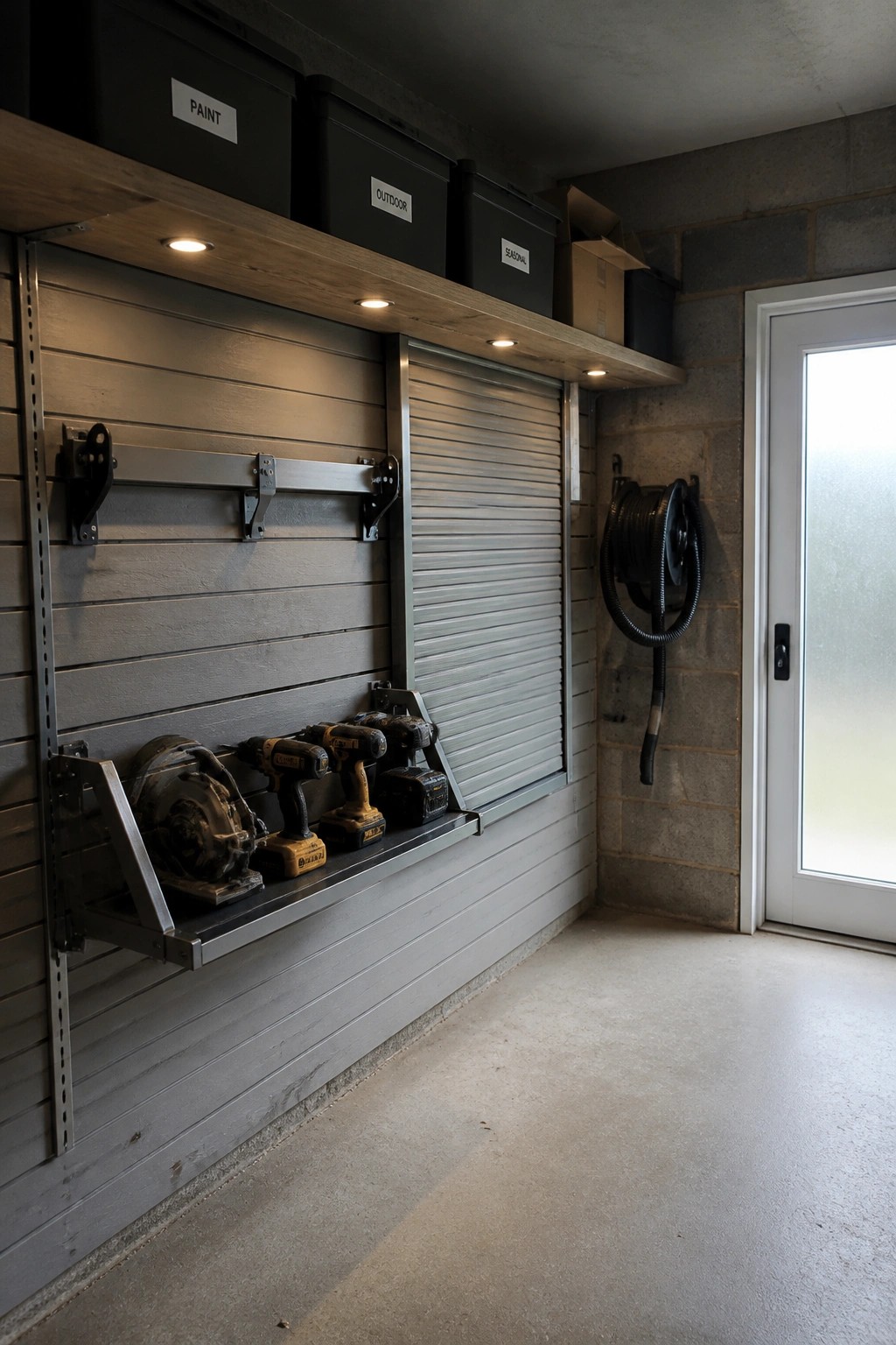 A garage wall fitted with a gray slat system, metal brackets, a lower shelf holding power tools, and labeled storage bins on a wooden shelf above.