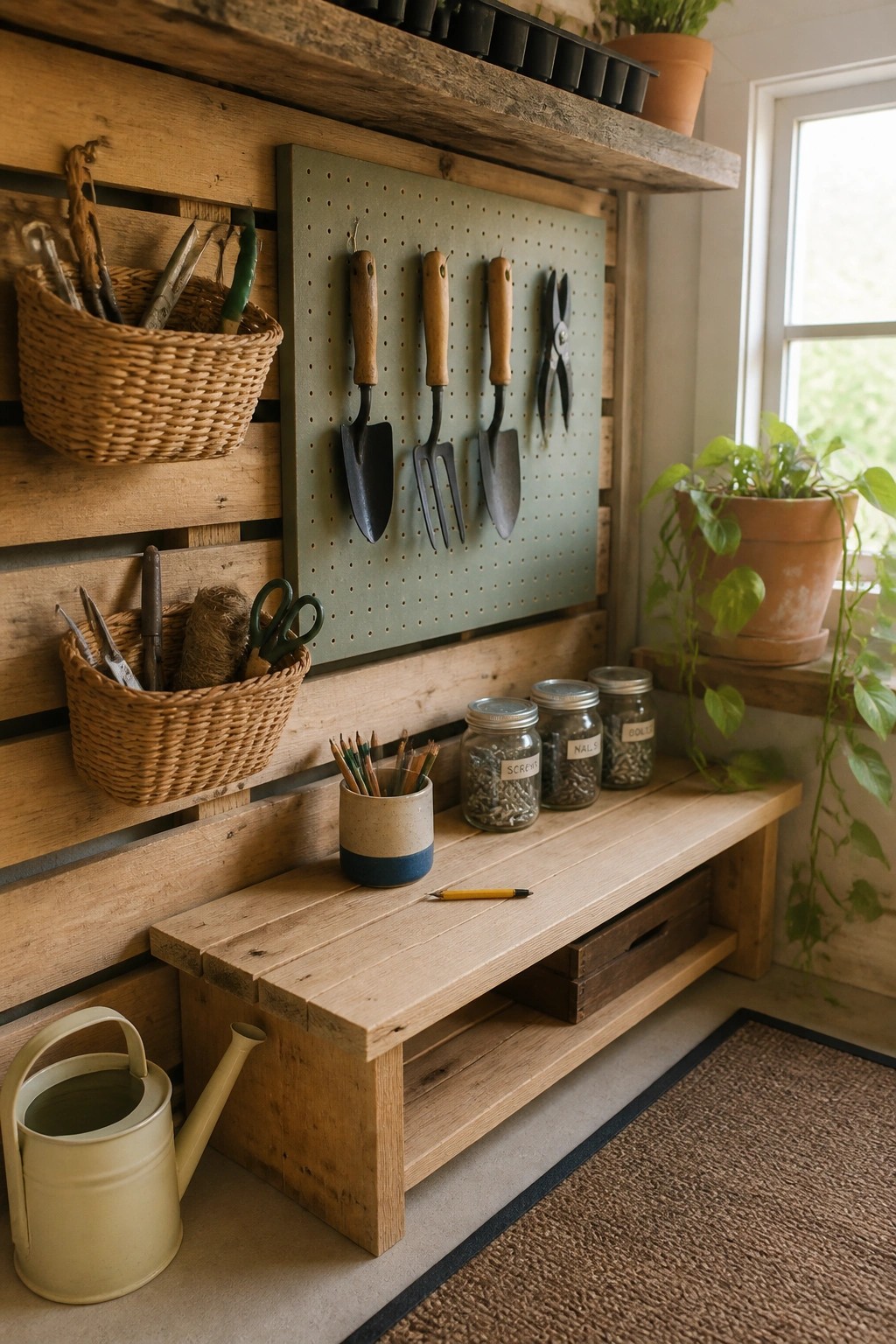 Rustic wooden potting bench with green pegboard, gardening tools, baskets, and jars
