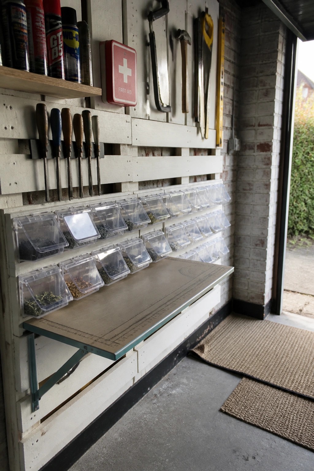 A white painted pallet wall in a garage holds rows of screwdrivers, handsaws, spray cans, and clear plastic storage bins above a fold down workbench.