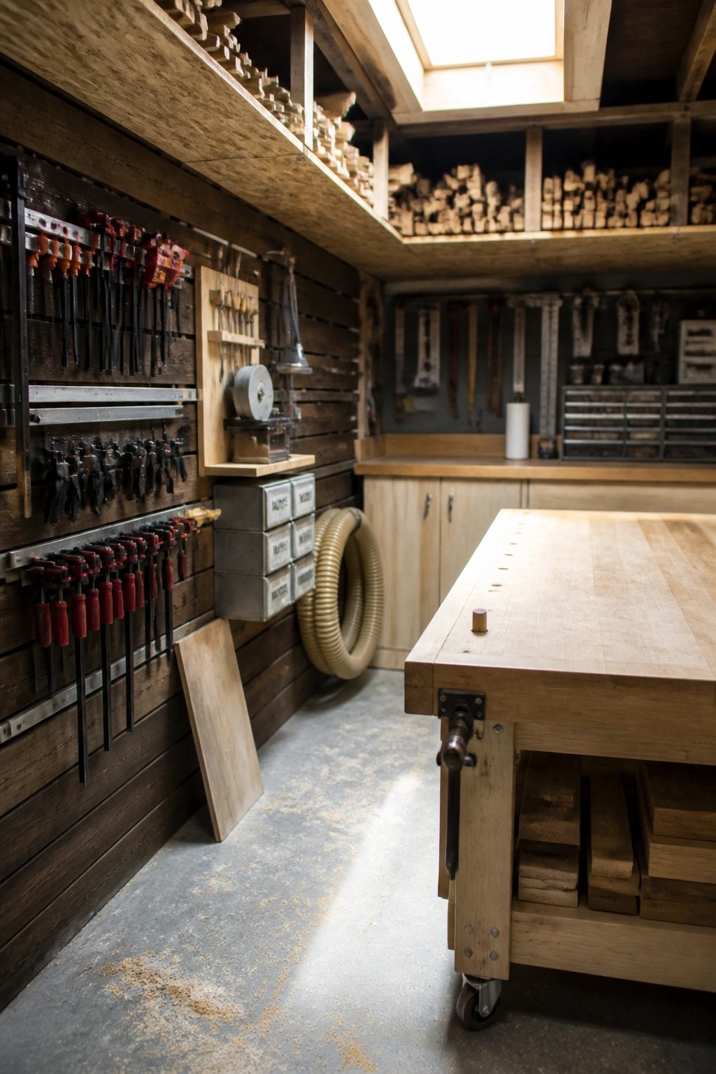 A workshop interior showing multiple wall-mounted racks holding clamps and hand tools beside a large wooden workbench.