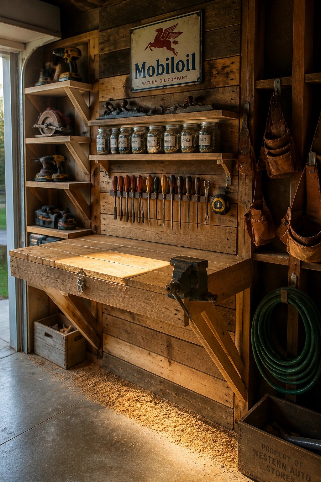 Rustic wooden workbench with vise, screwdriver rack, labeled jars, and Mobil sign.