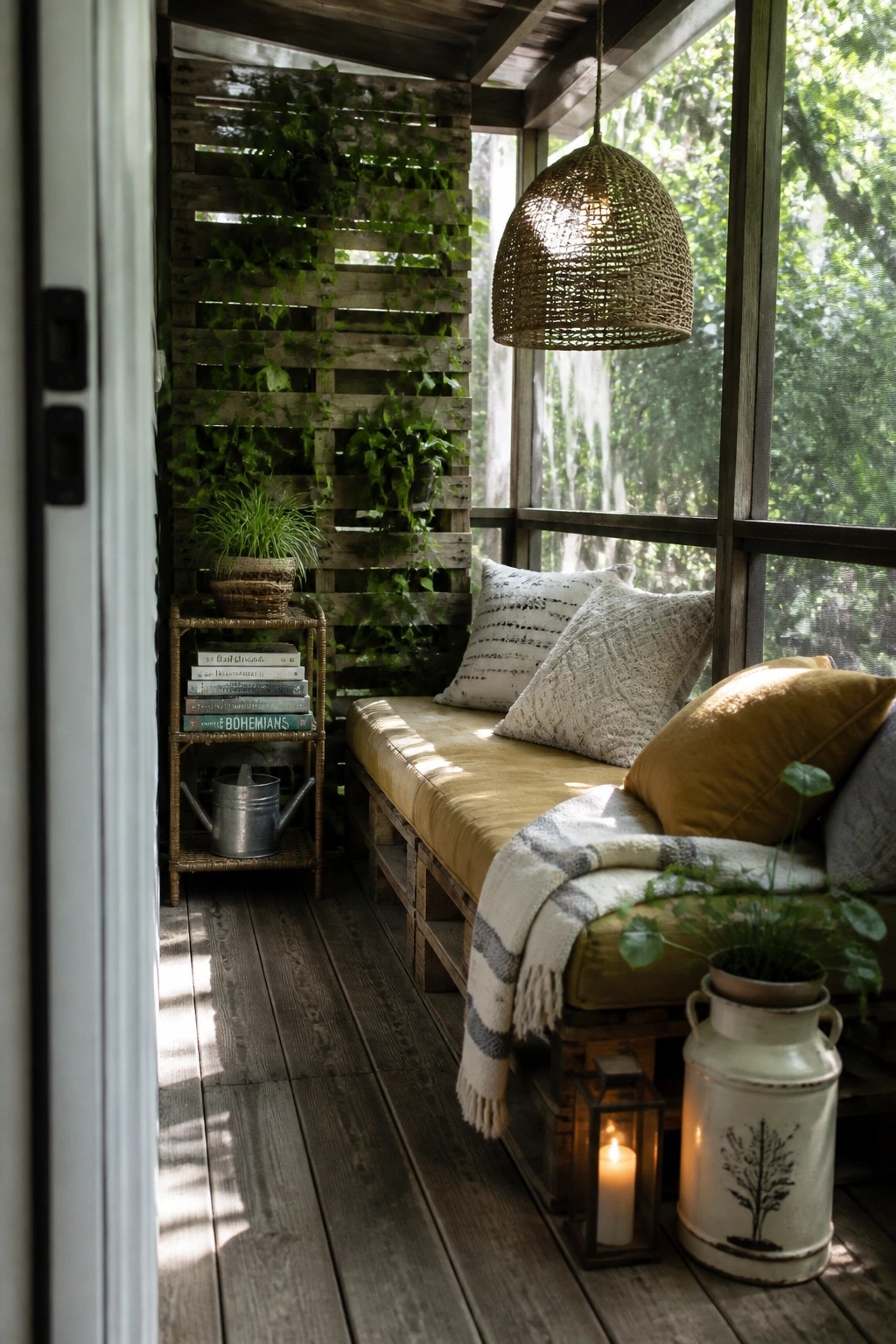 A long wooden pallet bench with a mustard yellow cushion runs along the wall of a screened porch, with pillows on one end and a hanging woven light above.