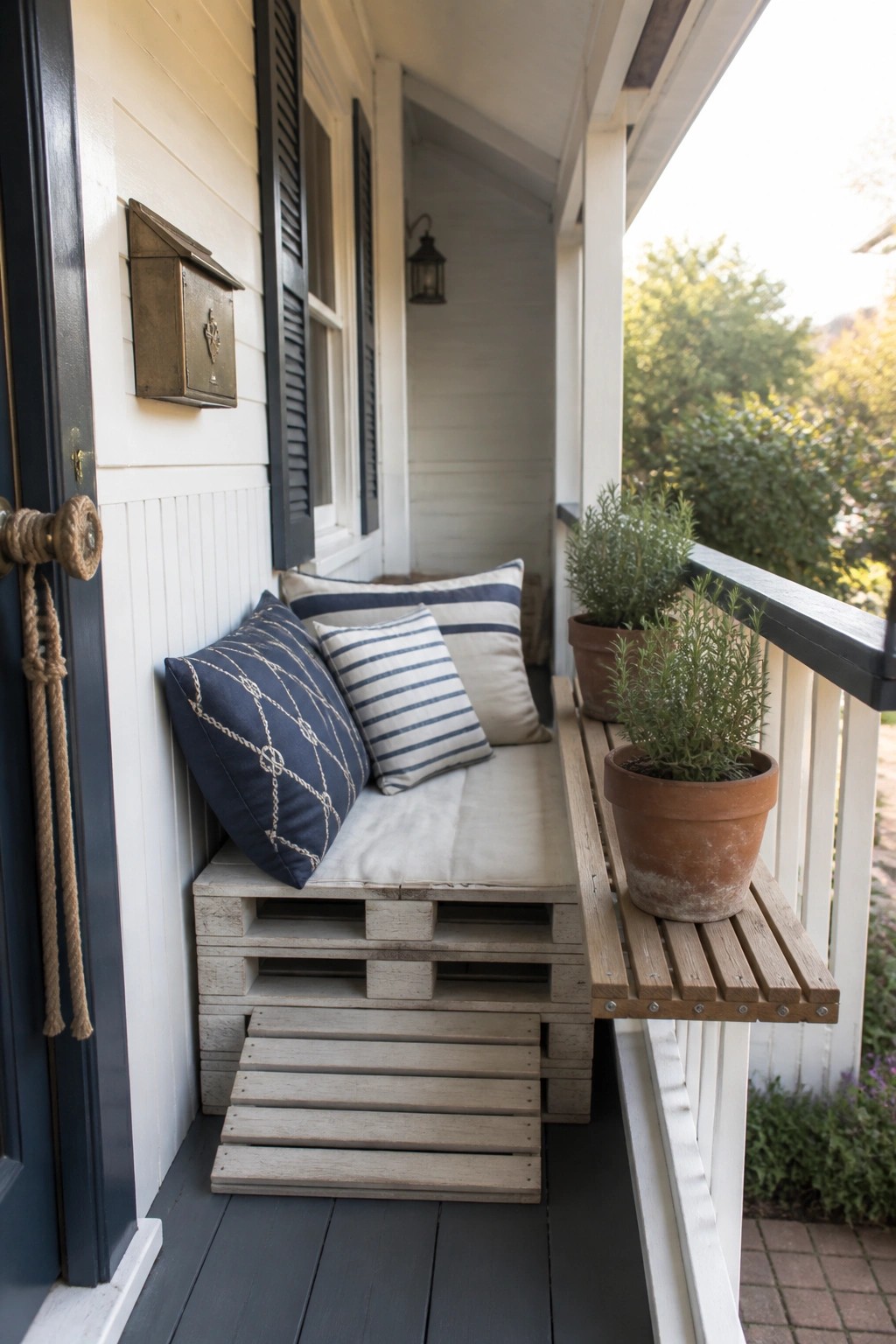 A narrow porch with a low pallet bench, striped cushions, and potted plants along a white railing.