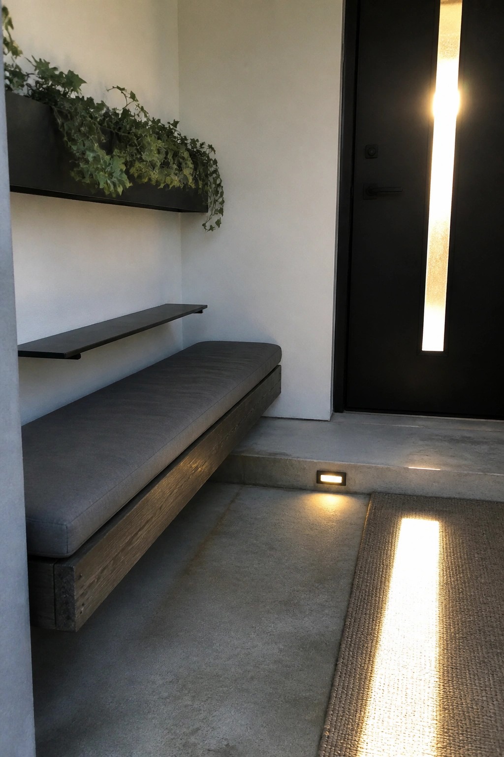 Modern entryway with gray cushioned bench, floating plant shelf, and black door