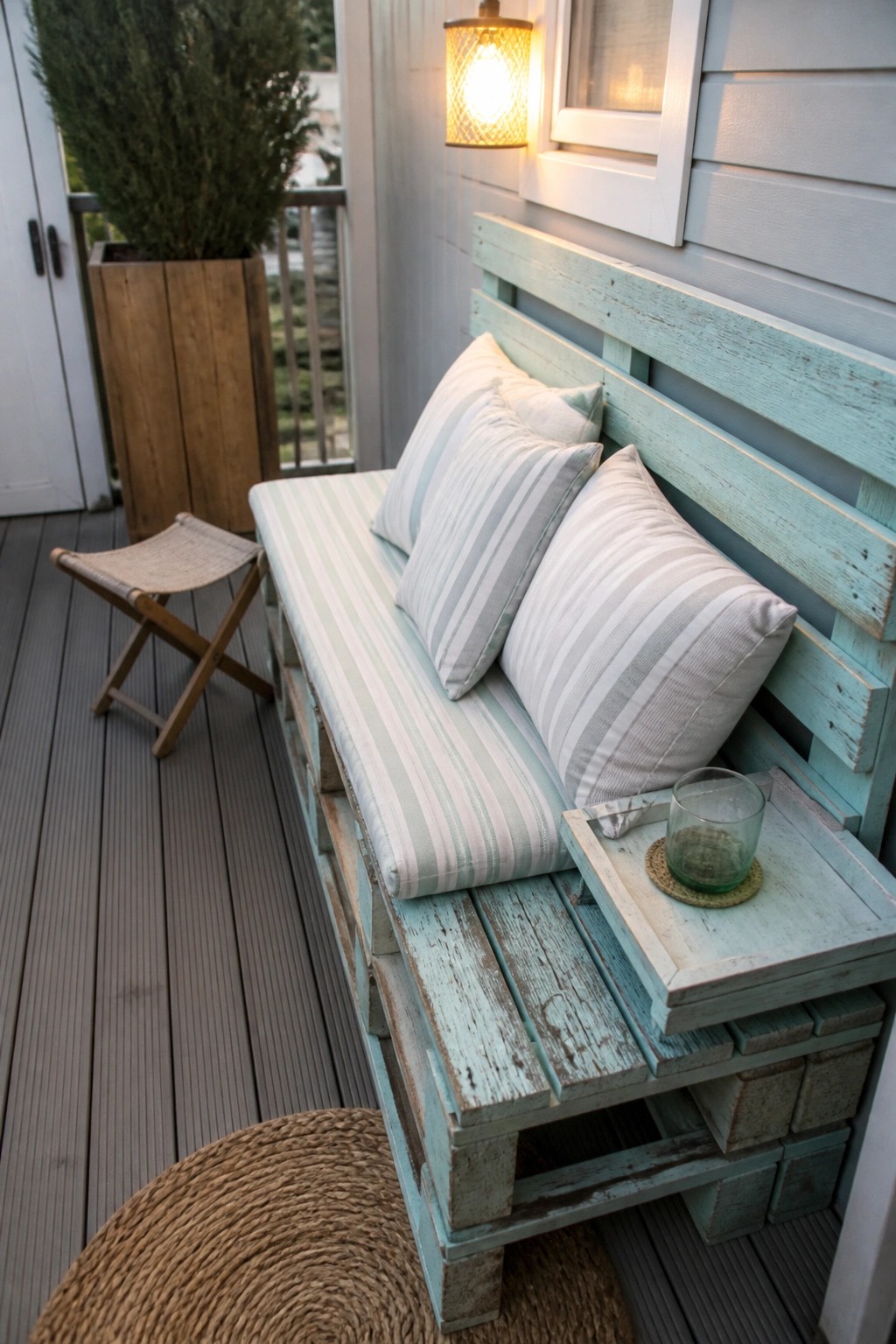 A long weathered teal pallet bench with striped cushions runs along the wall of a narrow wooden porch, with a small attached pallet table holding a tray and glass.