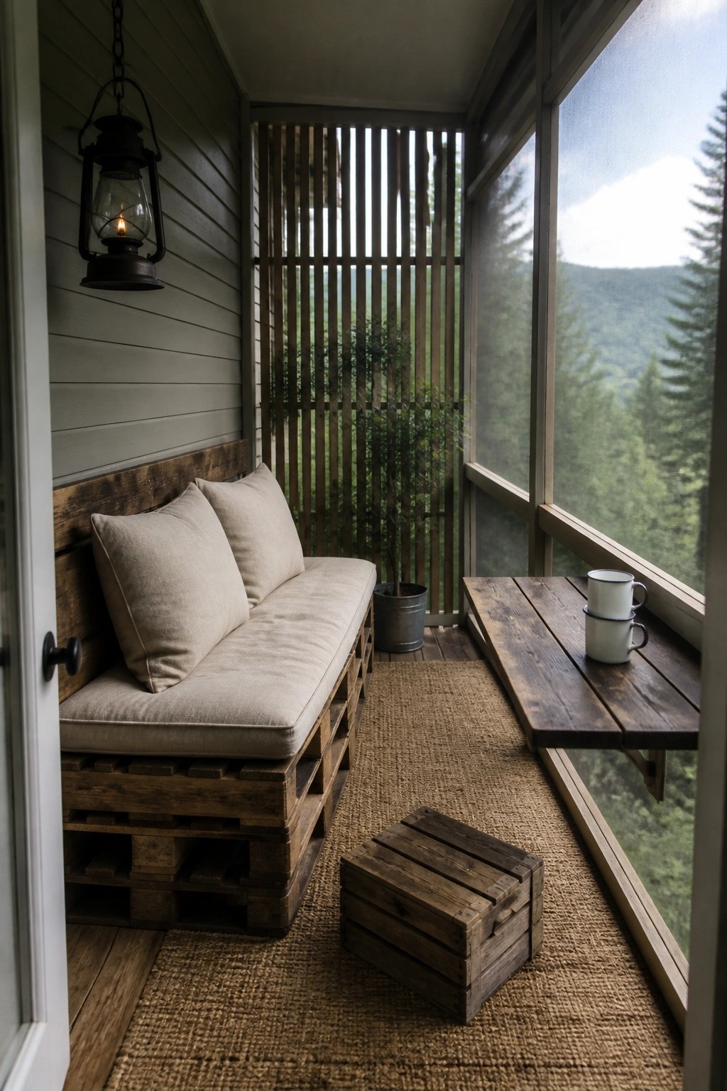 A narrow screened porch features a low pallet wood bench with beige cushions against a gray wall, a hanging lantern, a small wooden side table with two mugs, and a potted plant near a slatted screen.