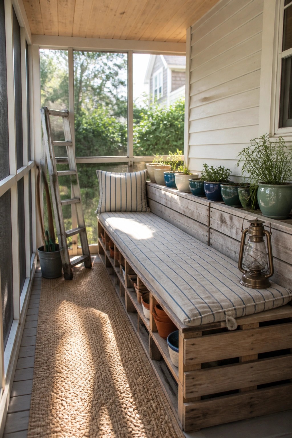 A long wooden pallet bench with a striped cushion runs along the wall of a screened porch, with terracotta pots stored on open shelves below and potted plants on a ledge above.