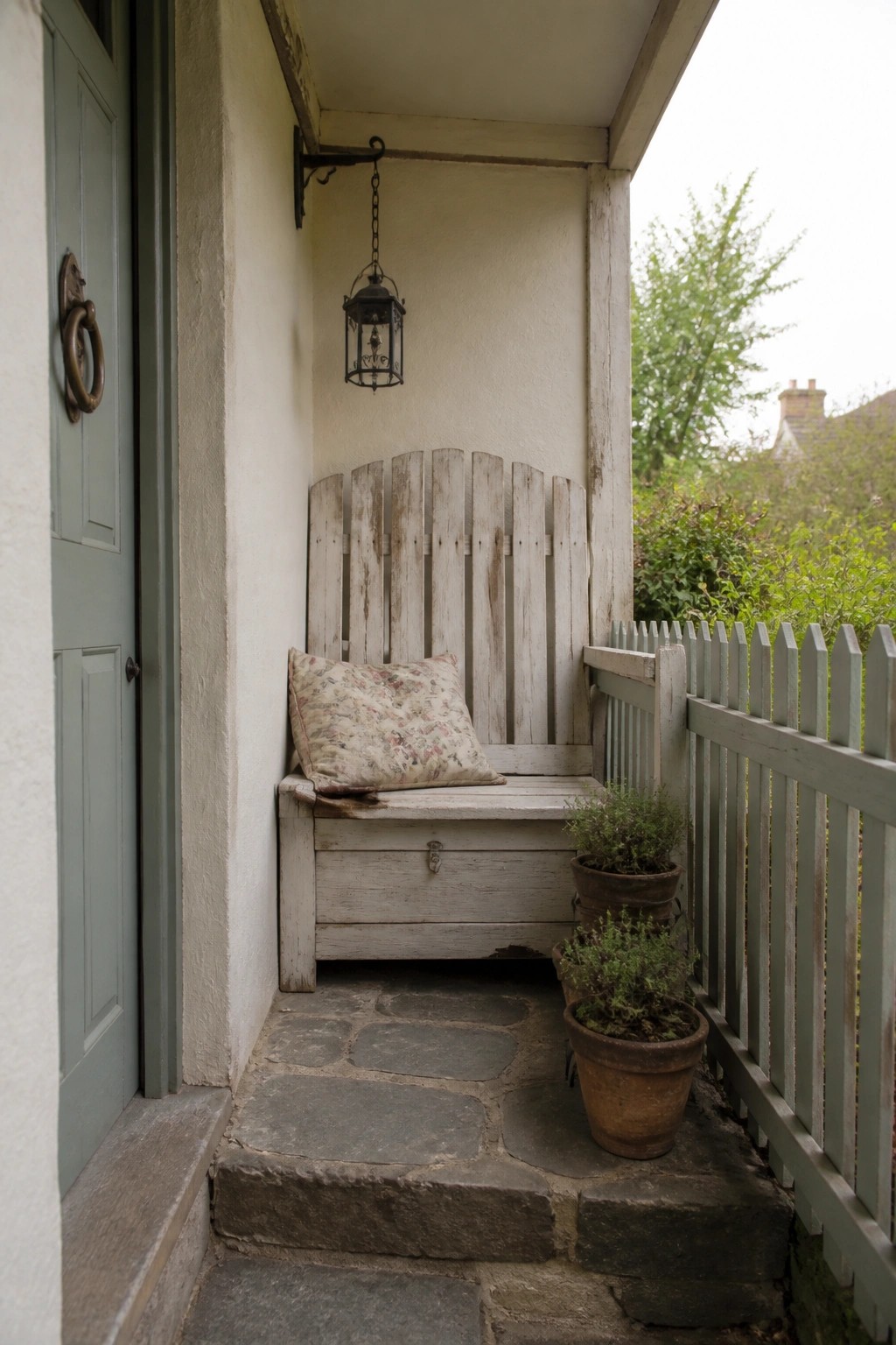 A white wooden bench with storage base sits on a narrow stone porch beside a light blue door, with two potted plants on the ground.
