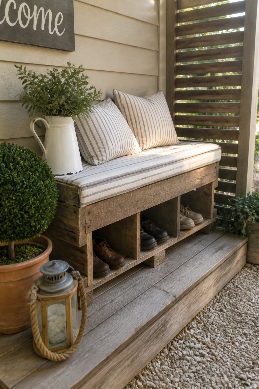 Rustic wooden bench with striped cushions, shoe storage, potted plants, and lantern on porch