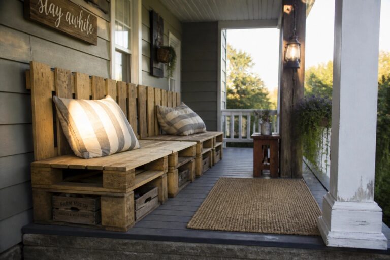 A wooden pallet bench with striped cushions sits on a narrow porch against a gray house wall, with crates stored underneath and a lantern hanging nearby.