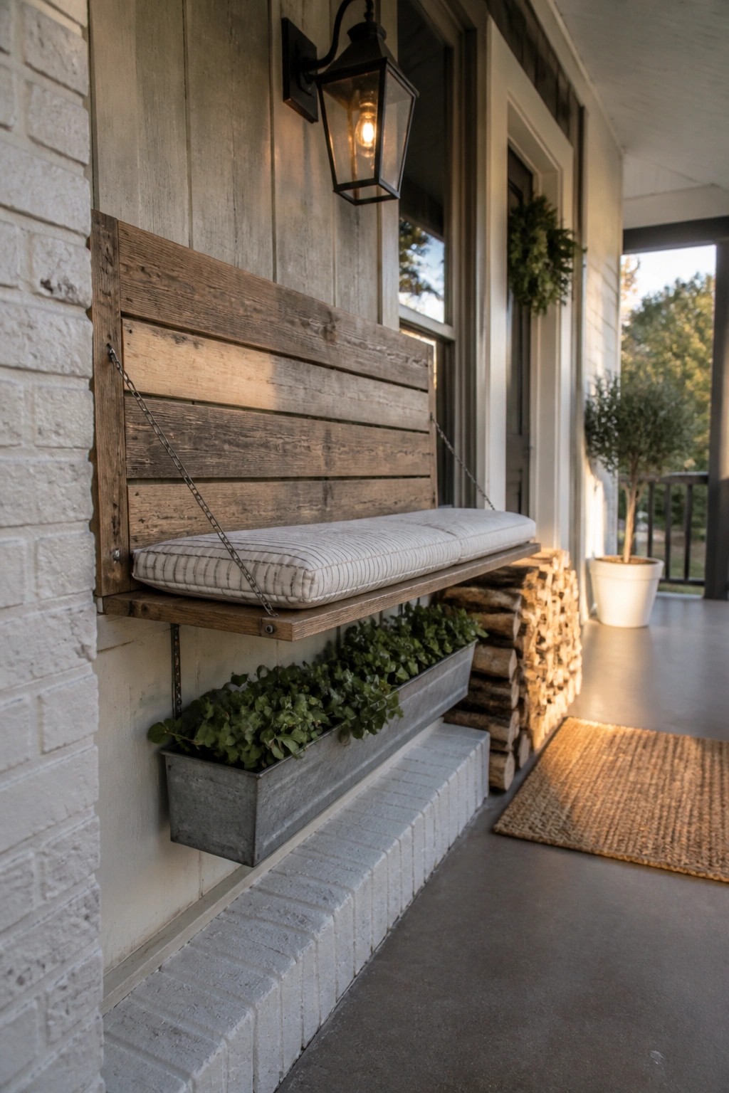 A wooden slat bench mounted to a house wall with chains above a metal planter box on a porch.
