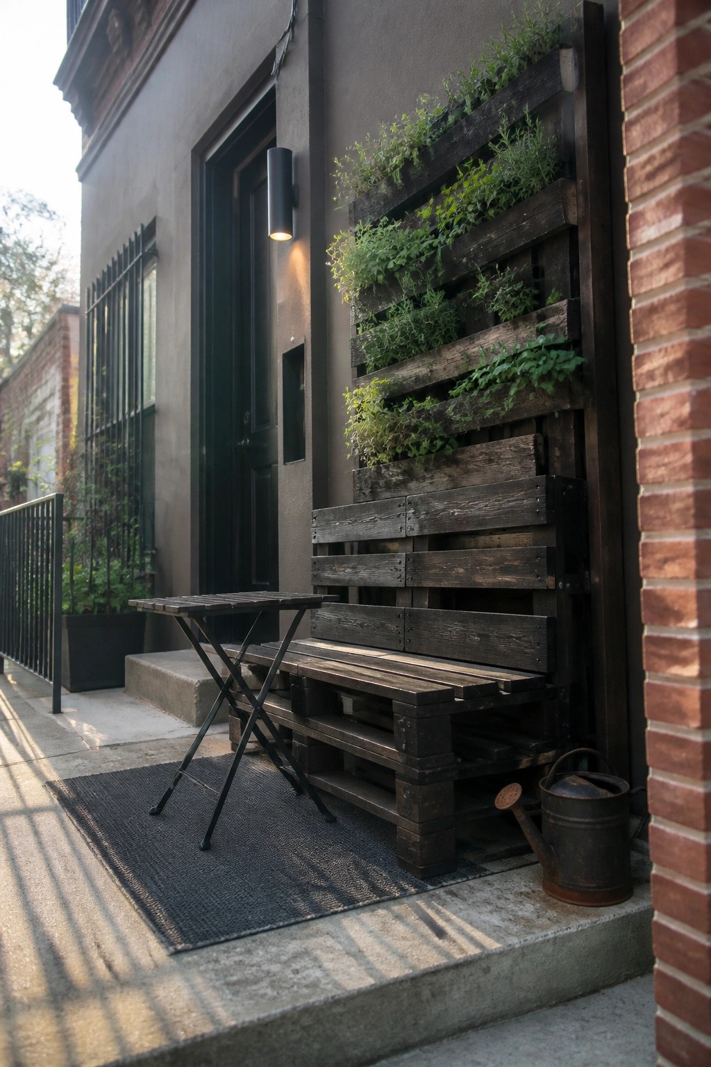 Rustic pallet bench with vertical plants, folding table, and watering can at doorway.