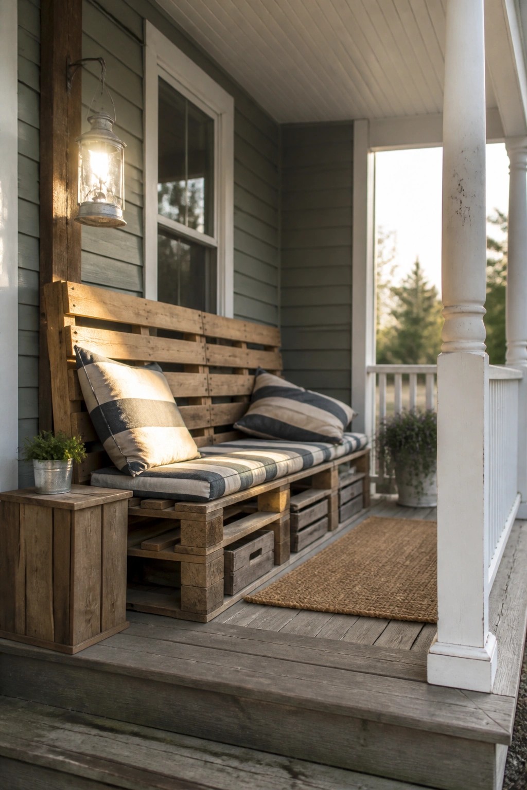 A wooden pallet bench with striped cushions sits on a narrow porch against a gray house wall, with crates stored underneath and a lantern hanging nearby.