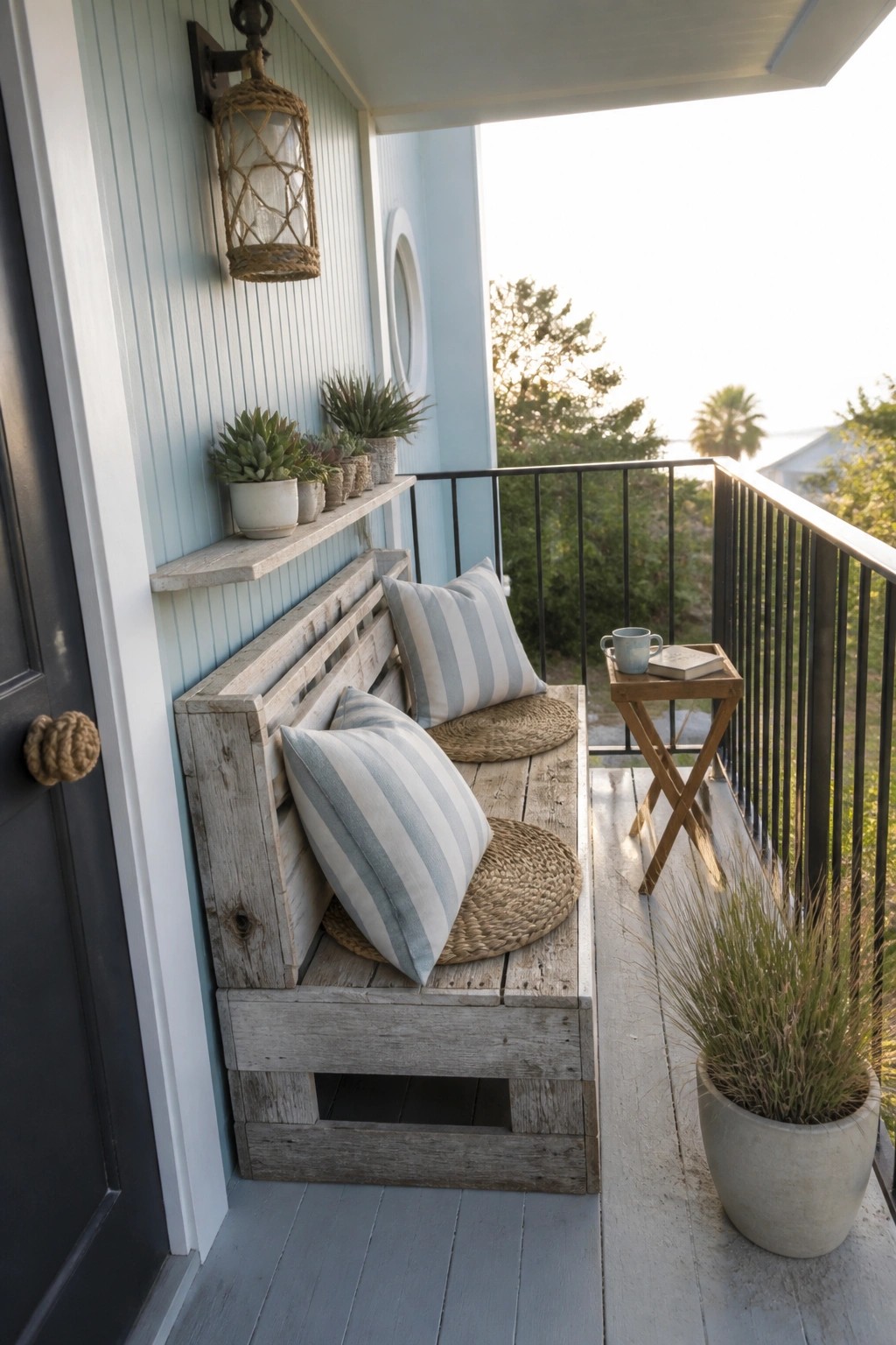 A weathered wooden pallet bench with blue striped cushions sits on a narrow porch beside a light blue wall with a wooden shelf of potted plants.