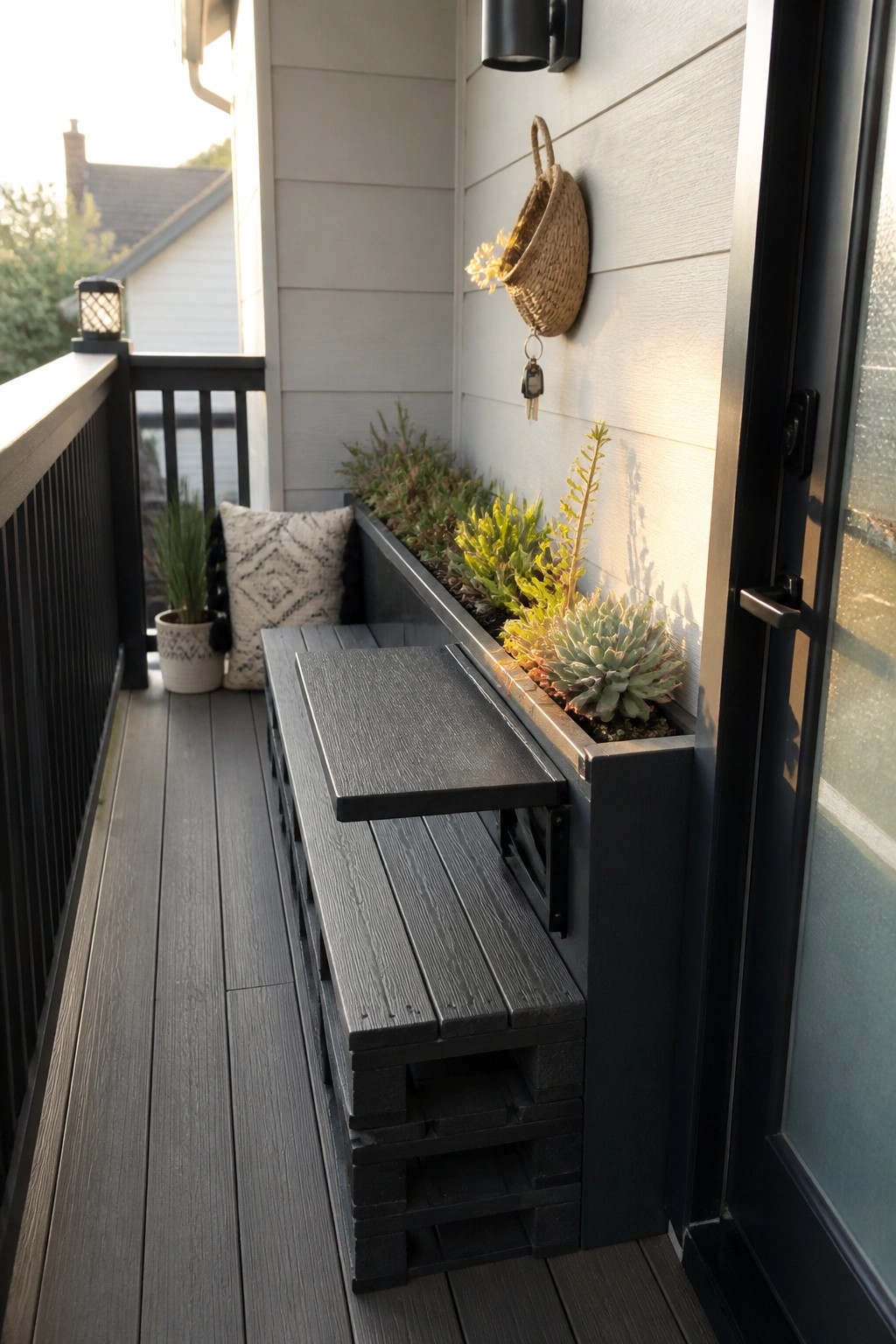 A narrow outdoor porch shows a dark stained pallet bench beside a long rectangular planter box filled with succulents and small shrubs against light gray siding.