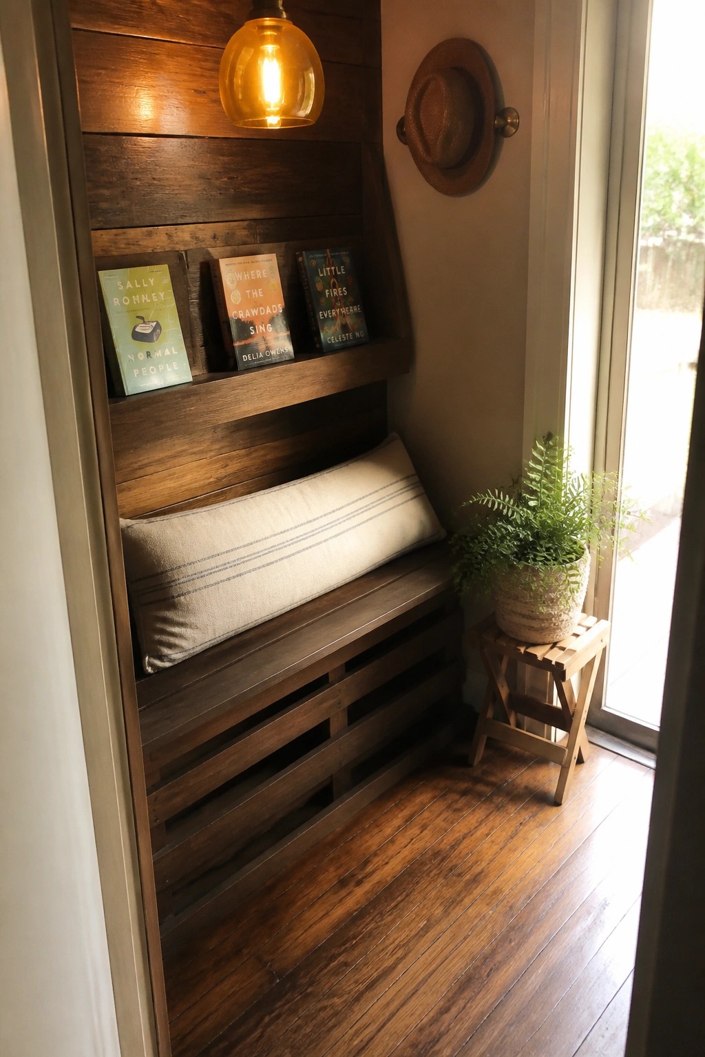 A wooden pallet bench with a striped cushion is built into a narrow indoor nook beside a glass door, with three books on a shelf above and a potted fern on a small stool.