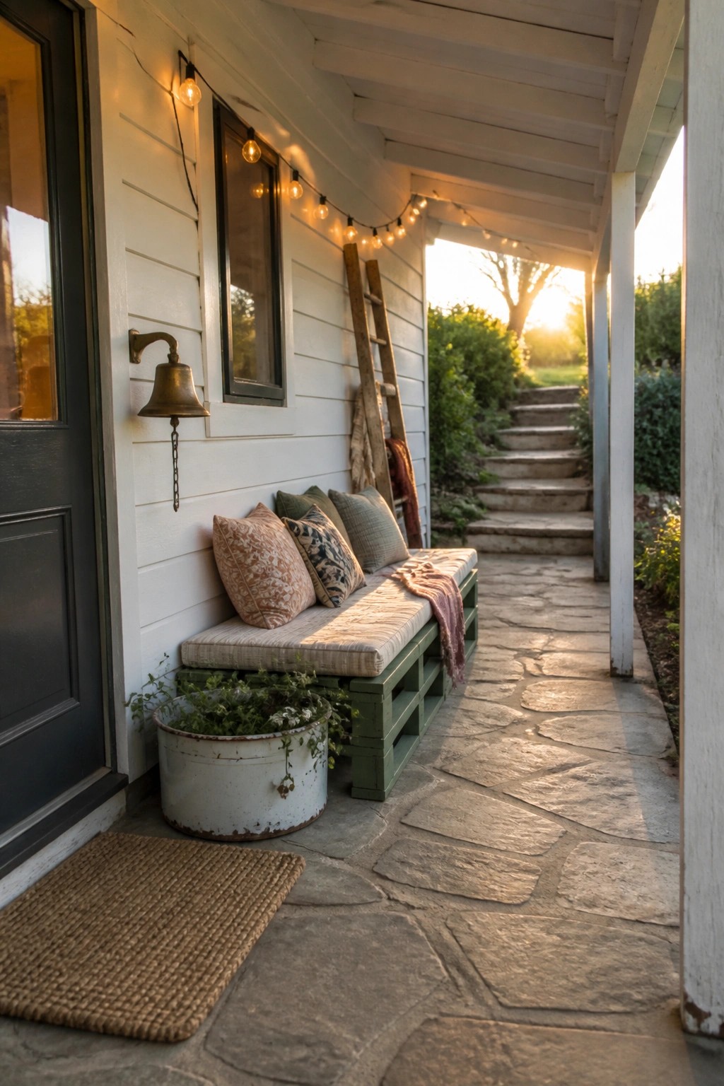 A green wooden pallet bench with cushions sits against white siding on a stone porch next to a dark door and a metal planter.