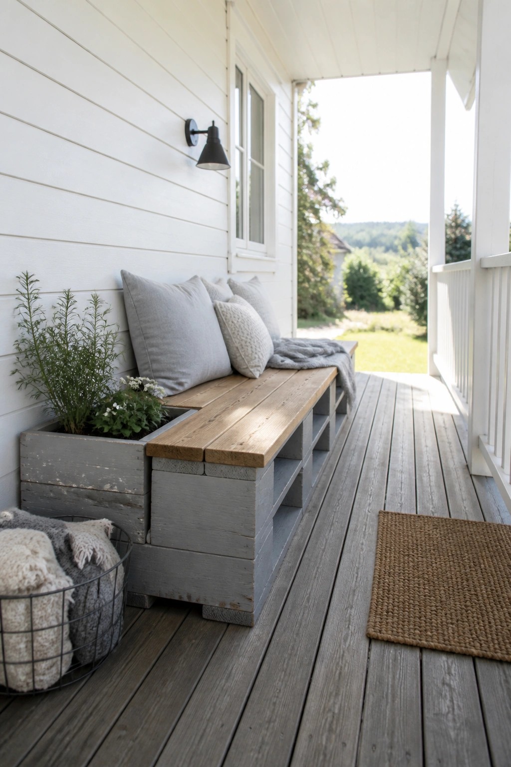 A gray wooden pallet bench with cushions and an attached planter box sits on a narrow porch against a white house wall.