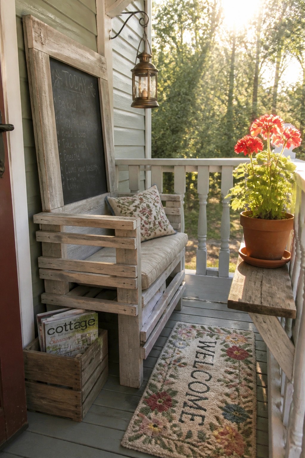 Rustic pallet bench with floral pillow beside chalkboard, welcome mat, and potted red flowers