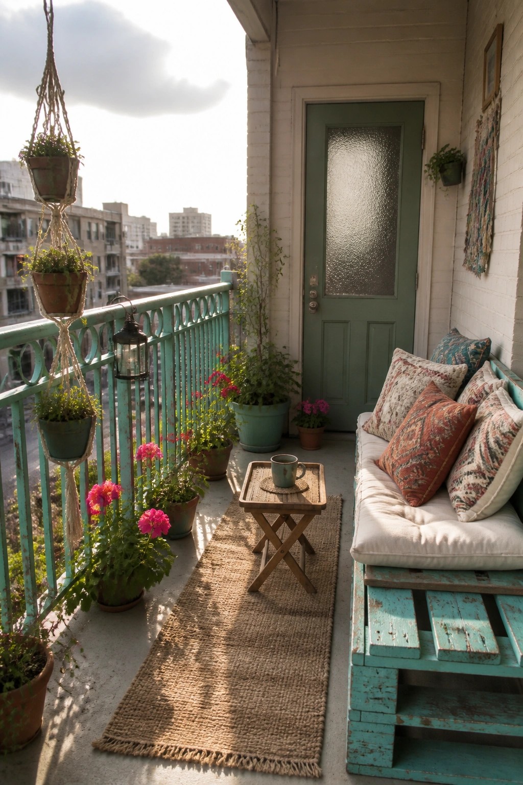 A narrow porch with a turquoise painted pallet bench holding patterned cushions, a small wooden table with a mug, hanging plants on the railing, and a green door in the background.