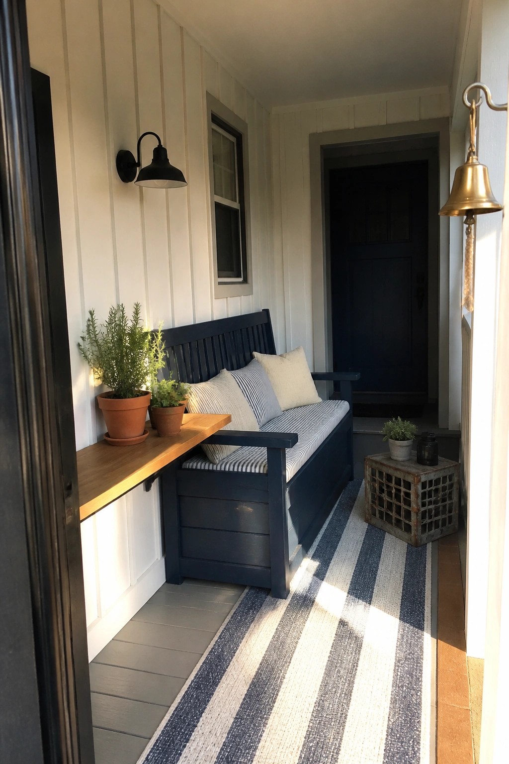 A dark blue wooden bench with striped cushions and pillows sits against white siding on a narrow porch with a striped runner rug and potted plants.