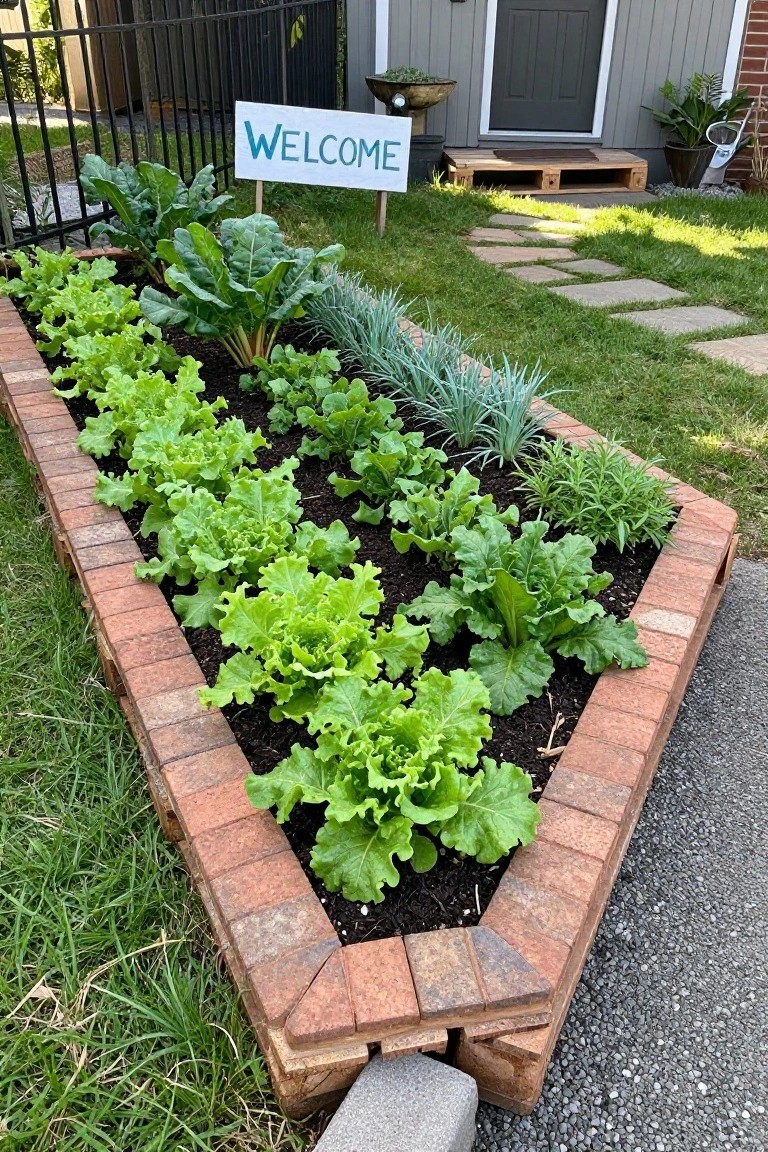 A long raised vegetable bed framed with wooden pallets and brick edging, filled with rows of leafy greens including lettuce and Swiss chard in a suburban yard.