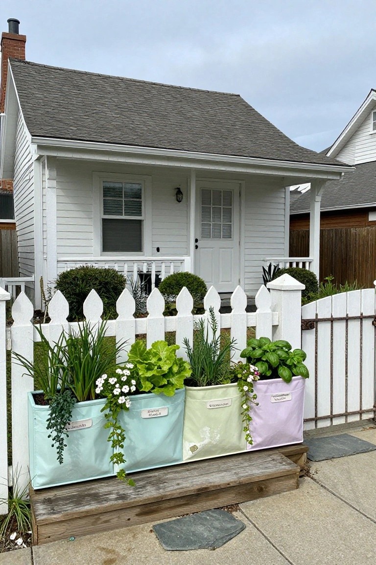 A row of four colorful fabric planters with vegetables and herbs sits on a wooden platform in front of a white picket fence and house.