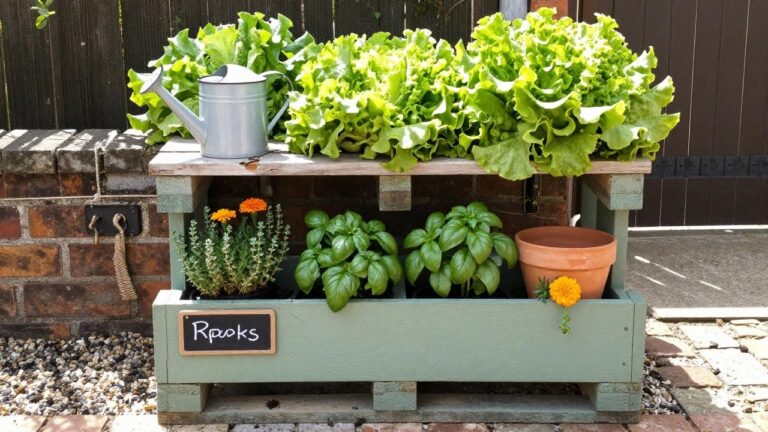 A green wooden A-frame ladder shelf with multiple shelves holding potted lettuce, basil, marigolds, and other plants placed on gravel in front of a brick wall.