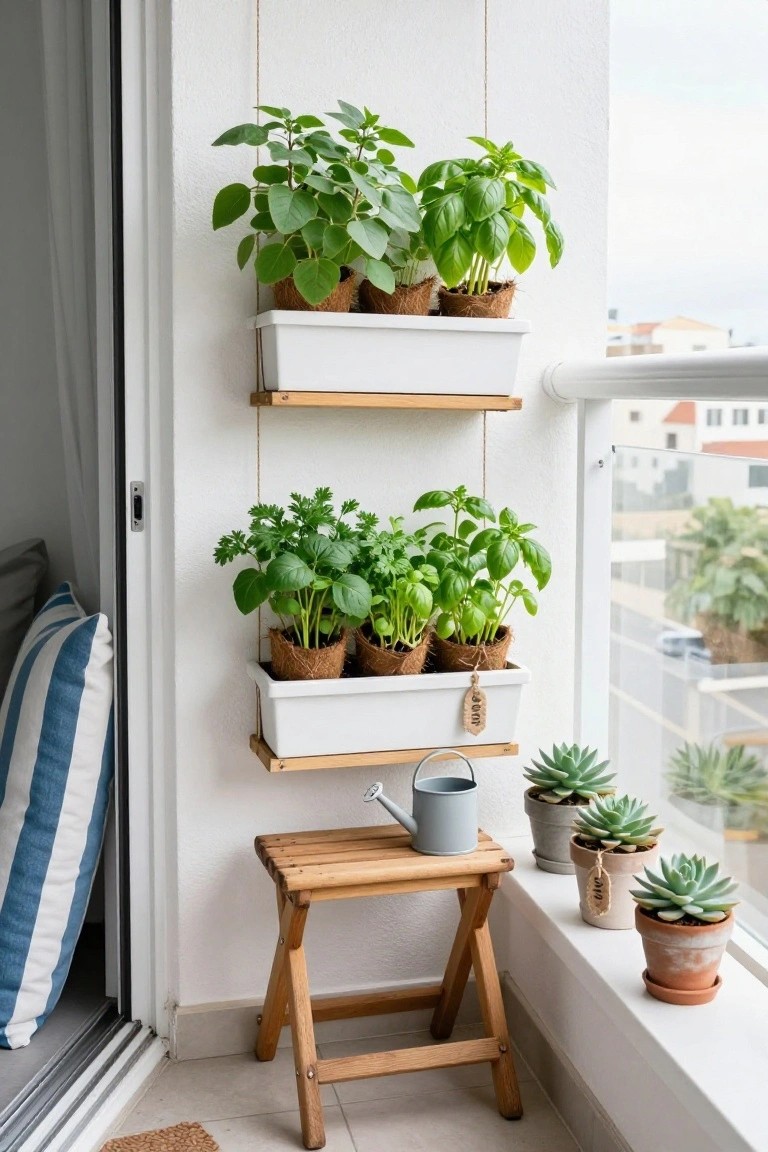 Balcony herb garden with hanging white planters, basil plants, wooden stool, and succulents.