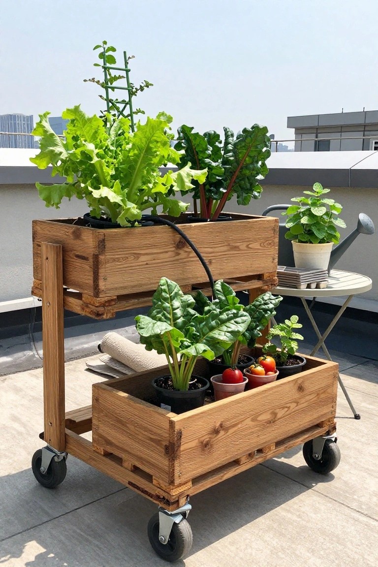 Wheeled wooden cart with tiered planters of leafy greens and tomatoes on rooftop