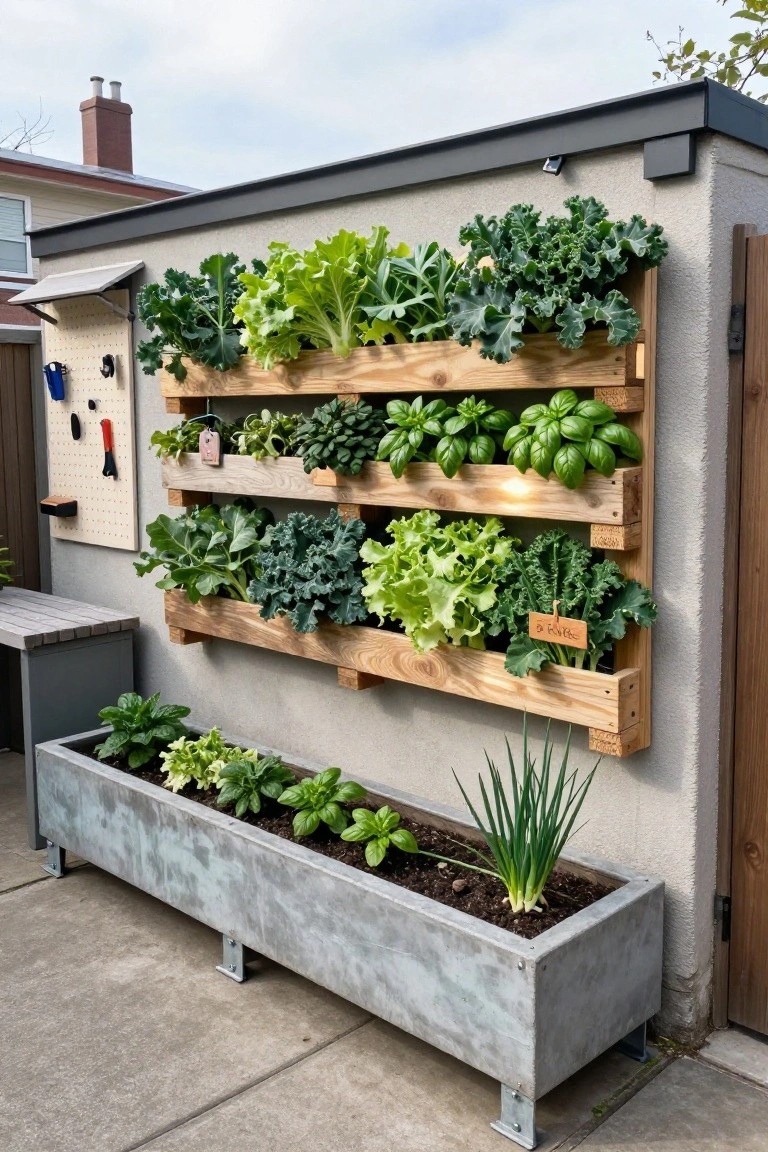 Wooden pallets mounted horizontally on a concrete wall hold rows of leafy vegetables above a long concrete planter box on the ground.
